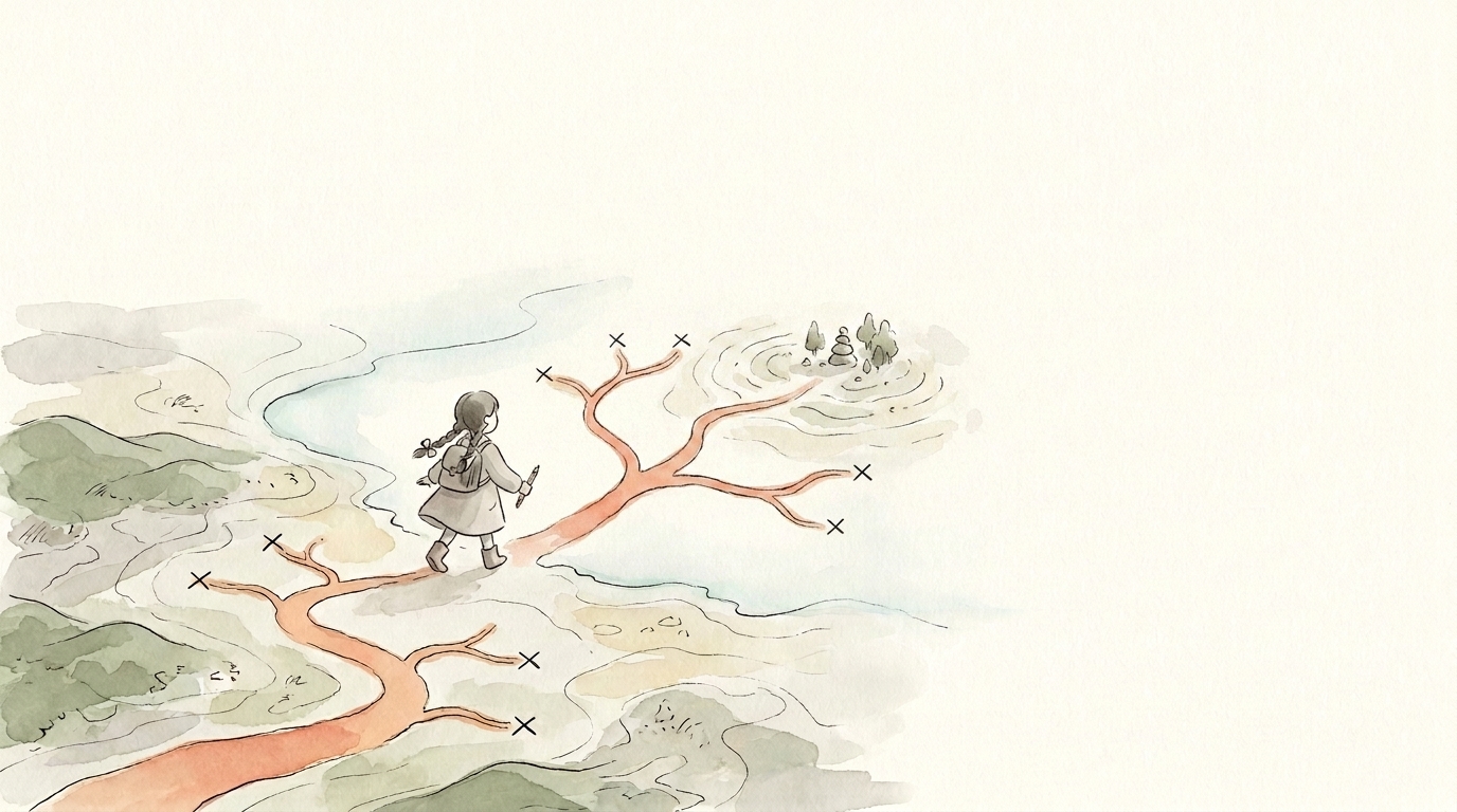The same watercolour map, later: the walked path has grown more branches, more dead ends kept and crossed out, and one branch has reached somewhere new — a small cairn and trees. The paper ahead is still blank.