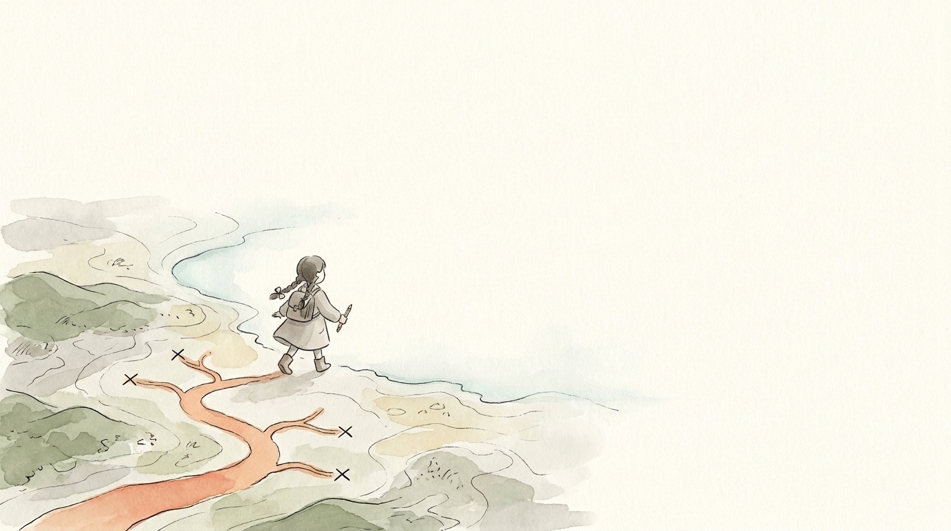 Watercolour illustration: a small walker with a pen crosses blank cream paper; the map exists only behind her, where the walked path branches in peach-coral with dead ends crossed out. Everything ahead is unmarked.