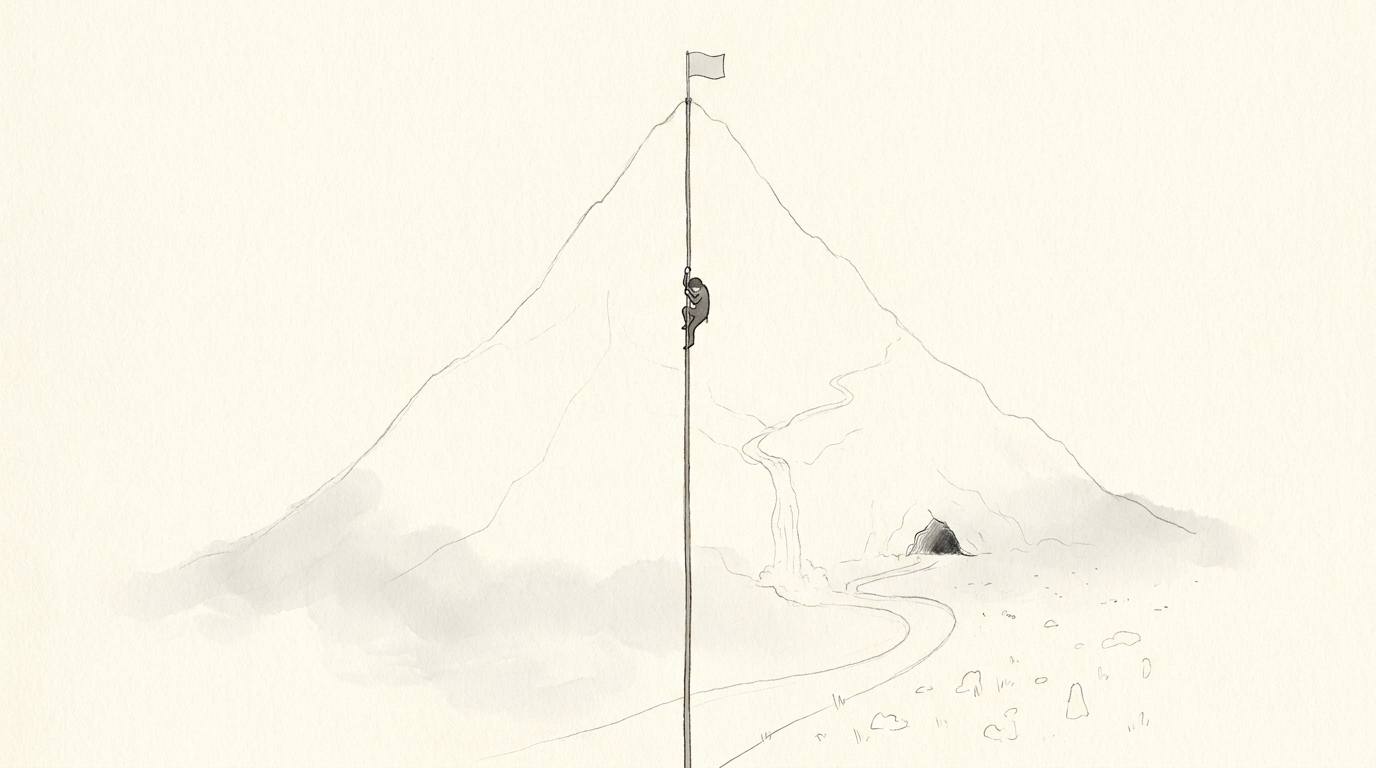 Monochrome watercolour: a climber hauls straight up a flagpole line toward the summit flag, head down. The mountain around the line is pale and unresolved &mdash; a winding trail, a waterfall and a cave sketched only as faint ghosts it never visits.