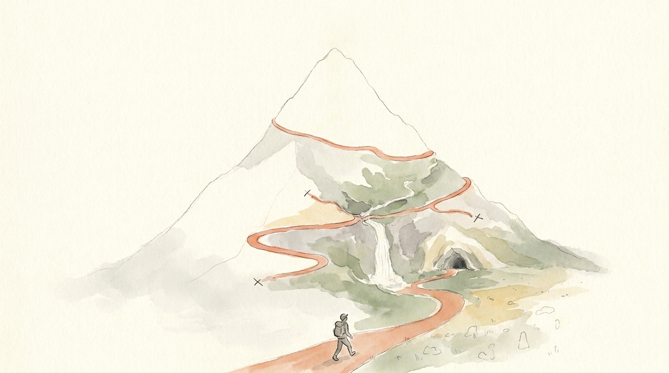 The same mountain in colour: a walker follows a winding coral path around the slopes, past crossed-out dead ends. Wherever the path has been, the mountain comes alive &mdash; a waterfall, a cave, green terraces. The summit carries no flag.
